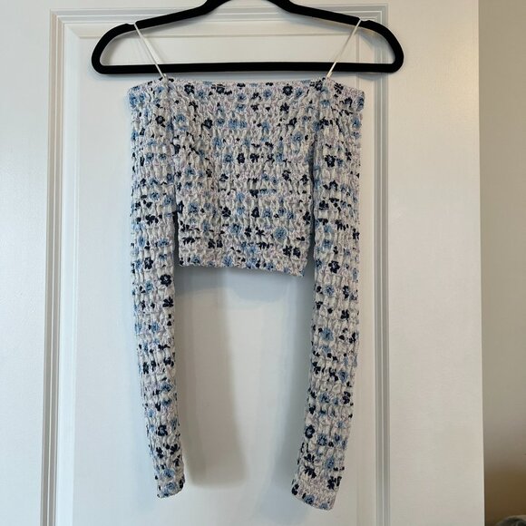 Zara Off-the-Shoulder Ruched Blue Purple White Crop Top - Size S - Picture 3 of 4